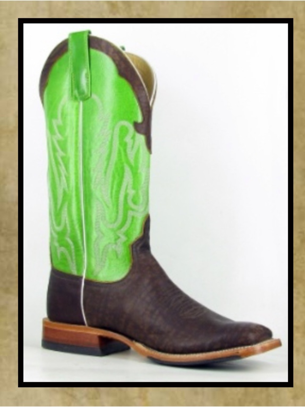 Anderson Bean Men’s 9 EE Cowboy Boots Brown Green Leather Square Toe USA Made